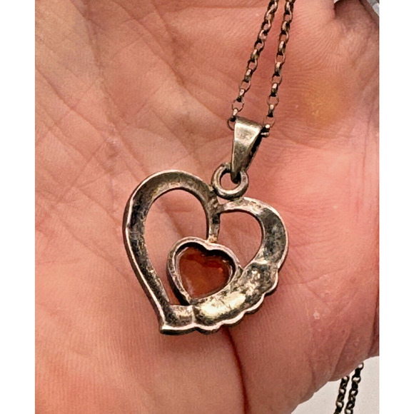 Vintage Sterling Silver Natural Baltic Amber Oval Heart 18" Necklace Chain 24" - Picture 5 of 5